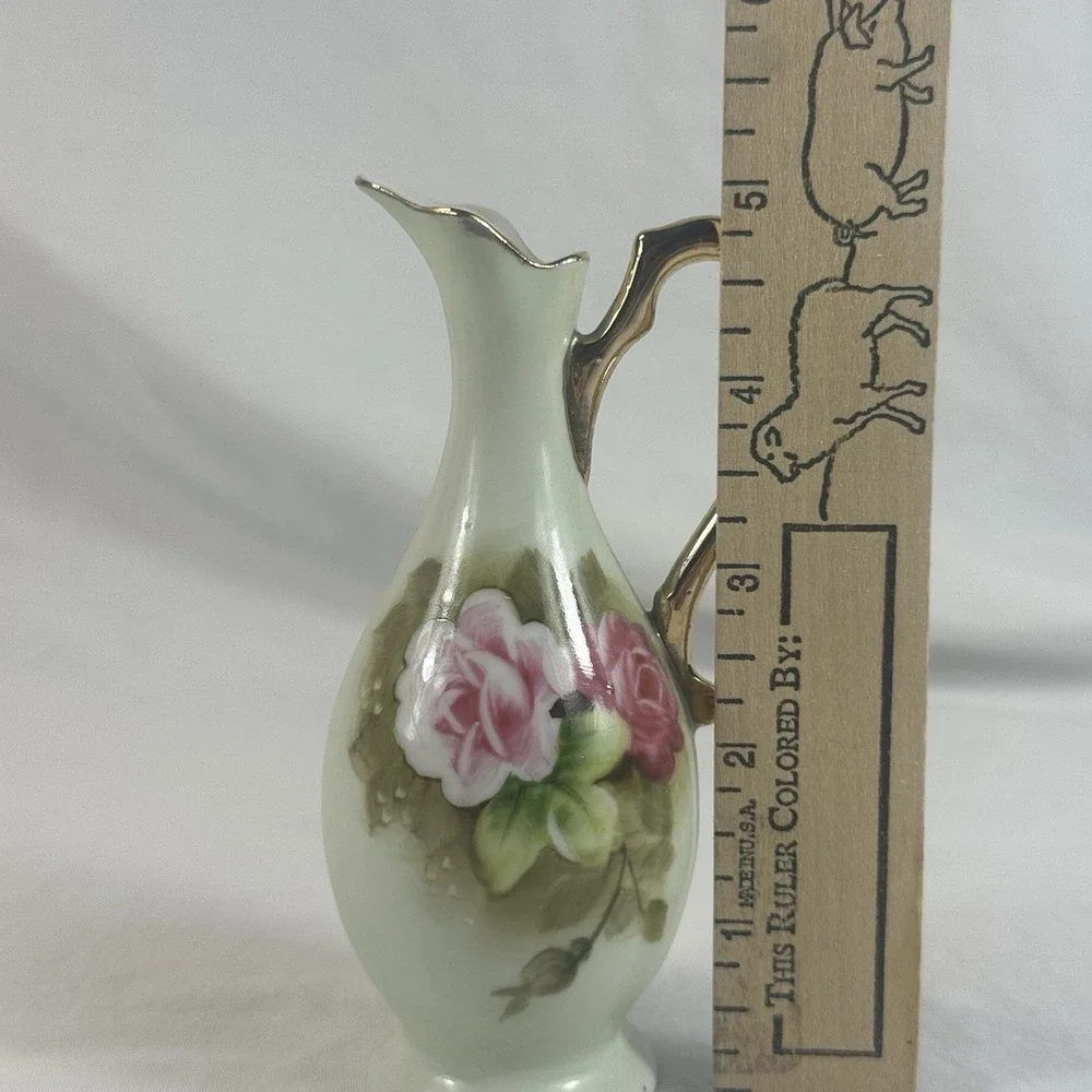 Vtg Lefton Heritage Rose Tea Set Teapot Sugar Creamer Bud Vase Gold Hand Painted